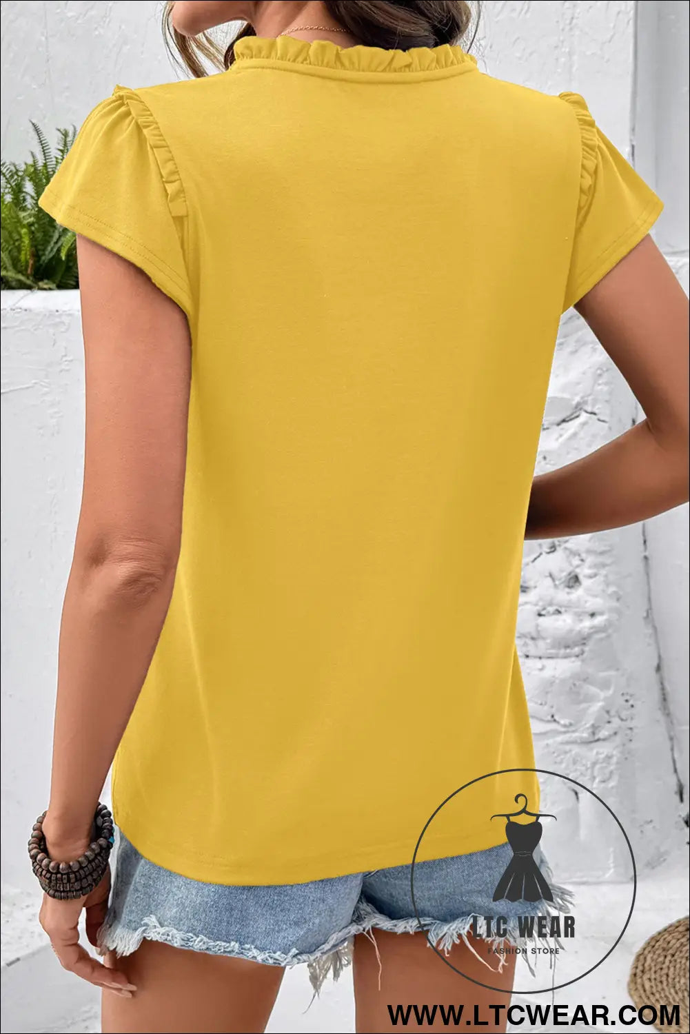 Black sheer lace splicing split neck ruffle short sleeve blouse - blouses & shirts