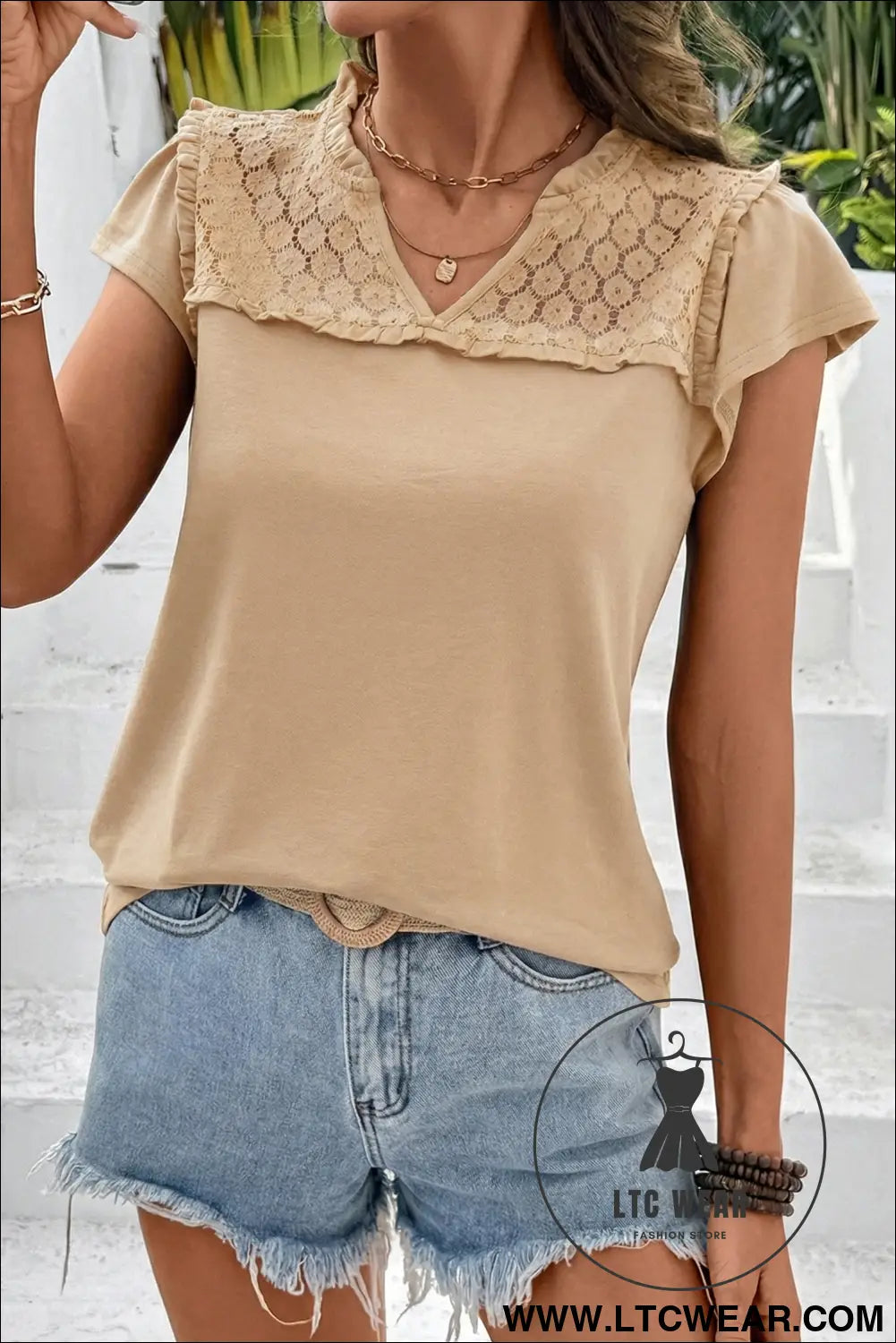 Black sheer lace splicing split neck ruffle short sleeve blouse - blouses & shirts