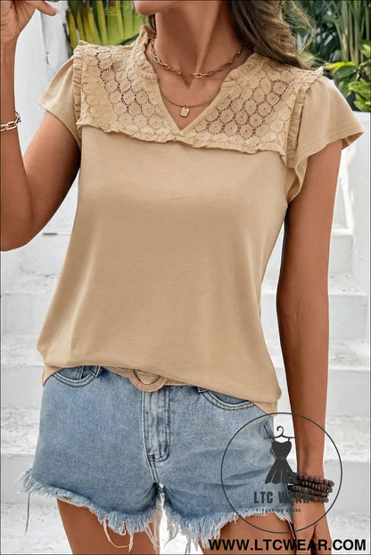 Black sheer lace splicing split neck ruffle short sleeve blouse - blouses & shirts