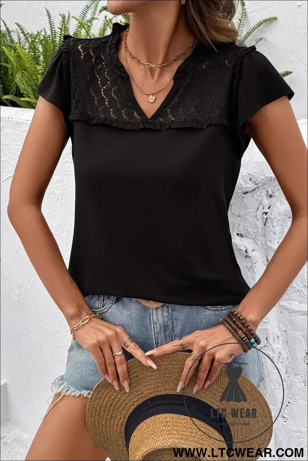 Black sheer lace splicing split neck ruffle short sleeve blouse - blouses & shirts