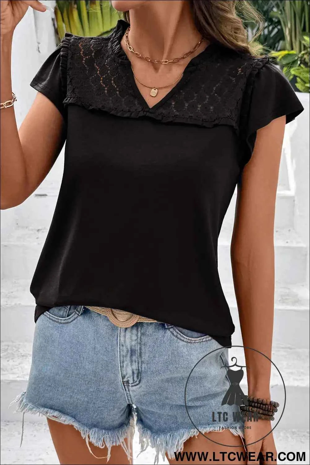 Black Sheer Lace Splicing Split Neck Ruffle Short Sleeve Blouse