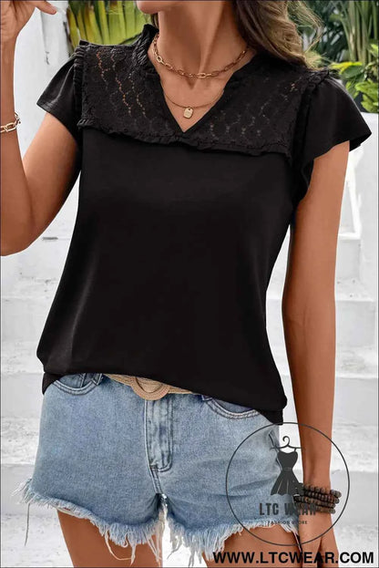 Black Sheer Lace Splicing Split Neck Ruffle Short Sleeve Blouse