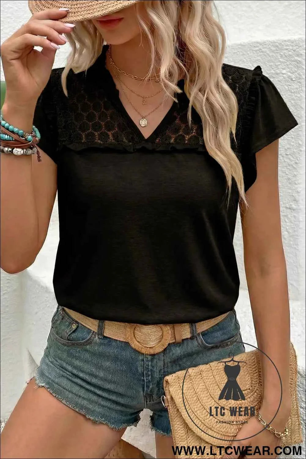Black Sheer Lace Splicing Split Neck Ruffle Short Sleeve Blouse