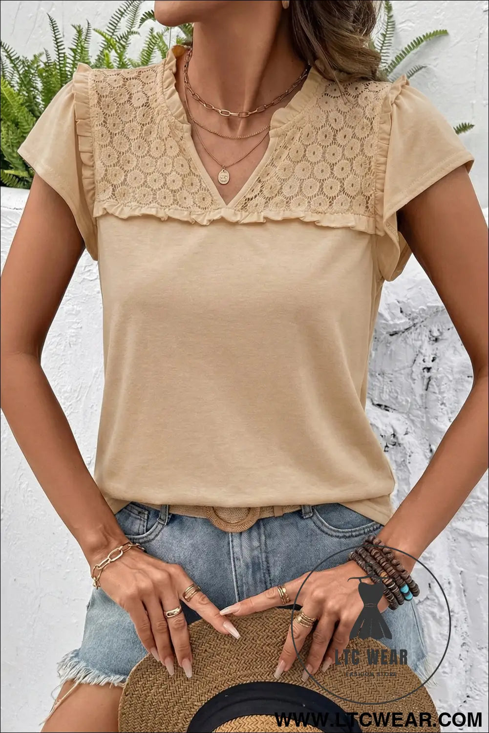 Black sheer lace splicing split neck ruffle short sleeve blouse - blouses & shirts