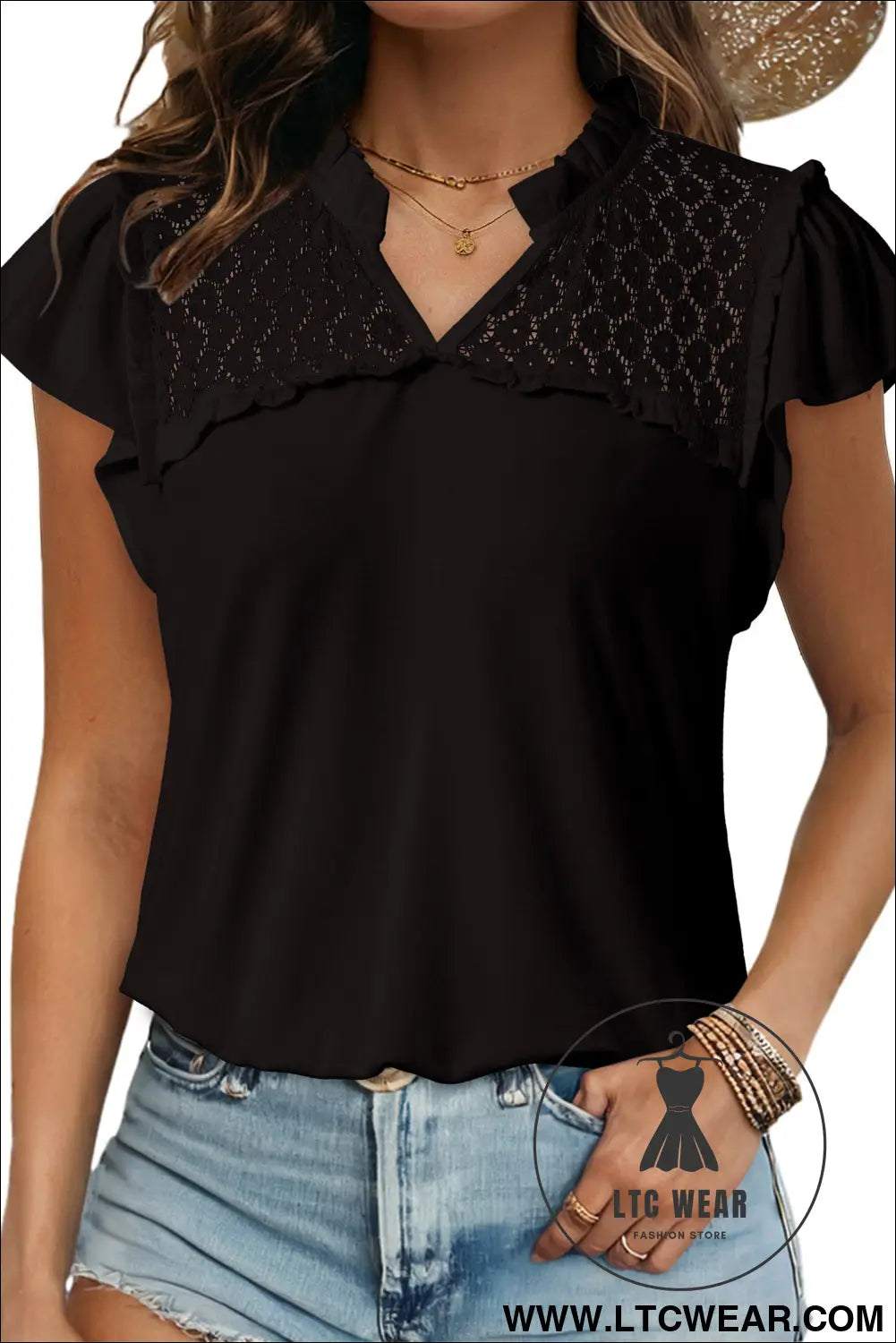 Black sheer lace splicing split neck ruffle short sleeve blouse - blouses & shirts