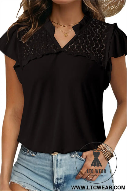 Black sheer lace splicing split neck ruffle short sleeve blouse - blouses & shirts