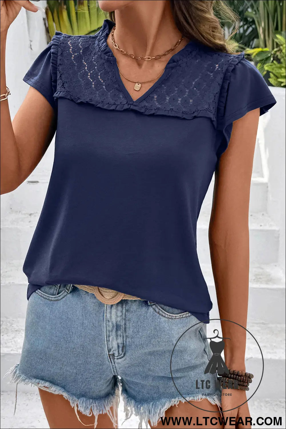 Black sheer lace splicing split neck ruffle short sleeve blouse - blouses & shirts