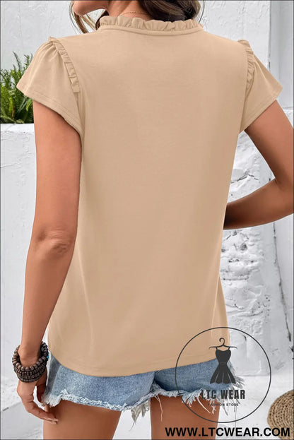 Black sheer lace splicing split neck ruffle short sleeve blouse - blouses & shirts