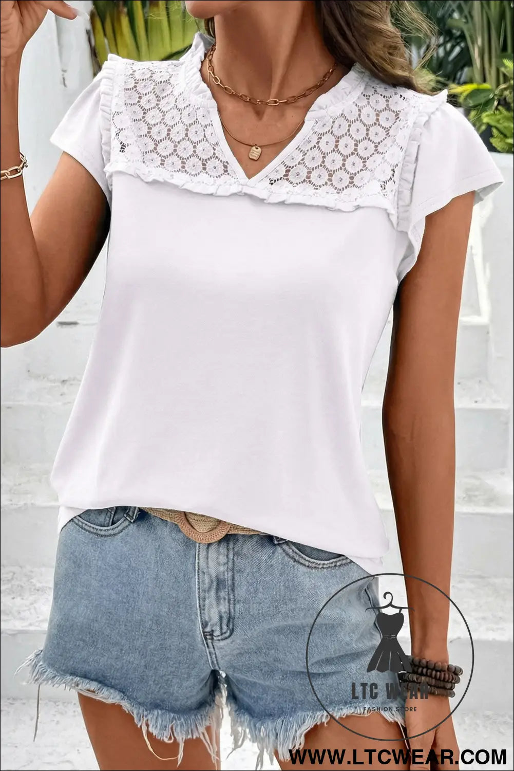 Black sheer lace splicing split neck ruffle short sleeve blouse - blouses & shirts
