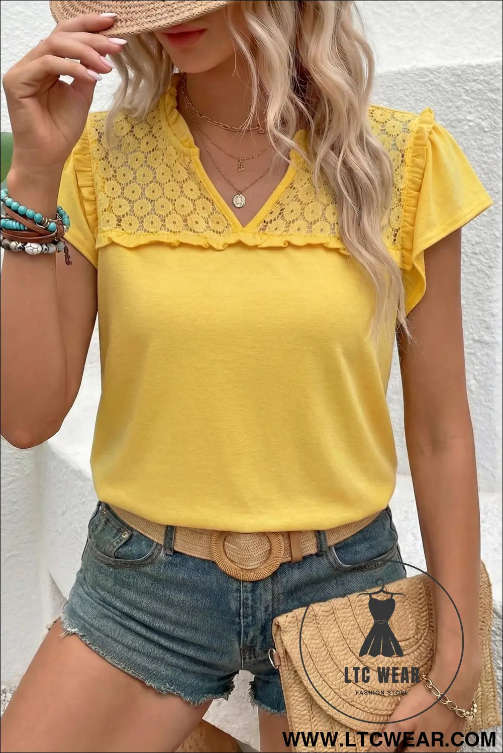 Black sheer lace splicing split neck ruffle short sleeve blouse - yellow / 2xl / 65% polyester + 30% viscose + 5%