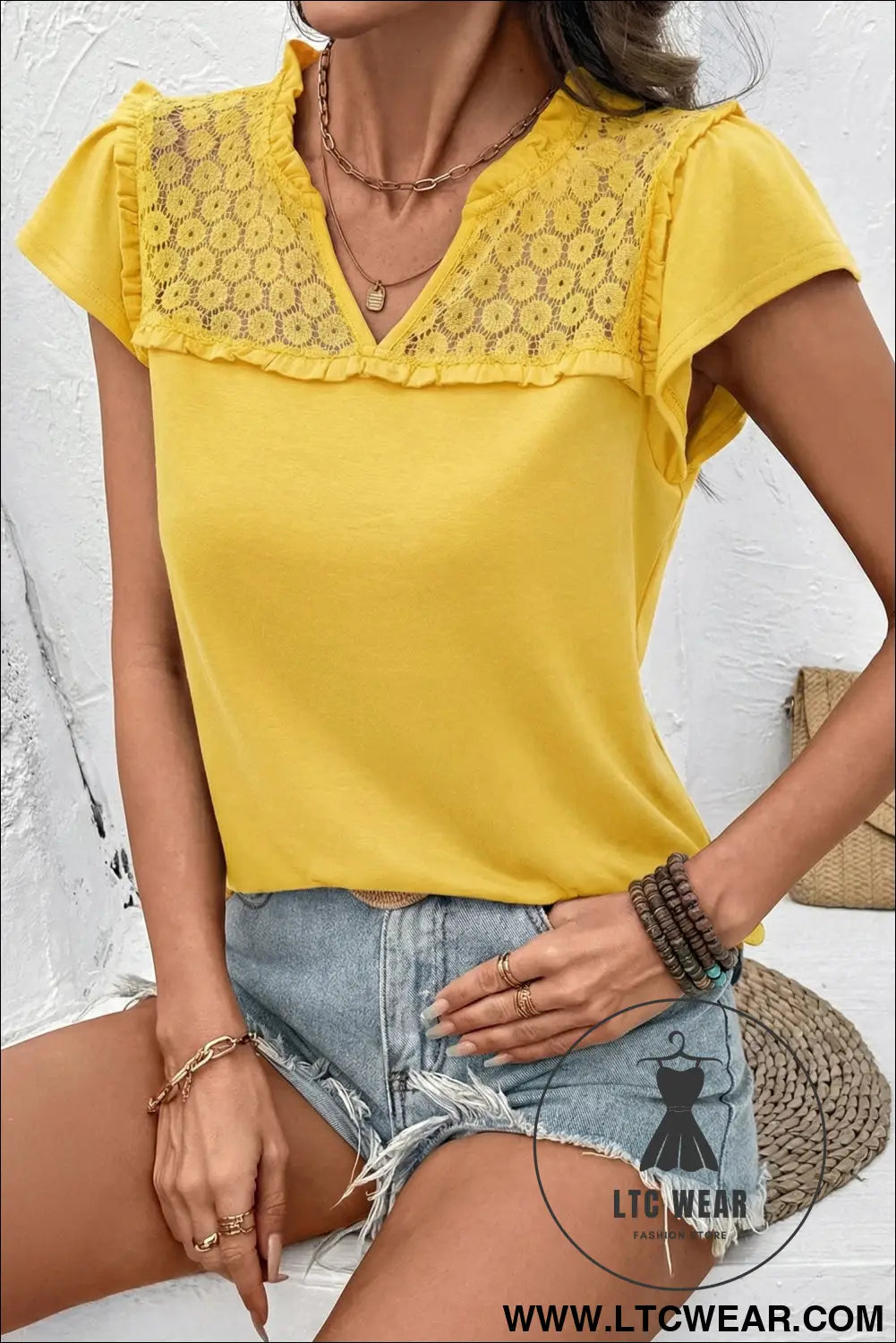 Black sheer lace splicing split neck ruffle short sleeve blouse - blouses & shirts