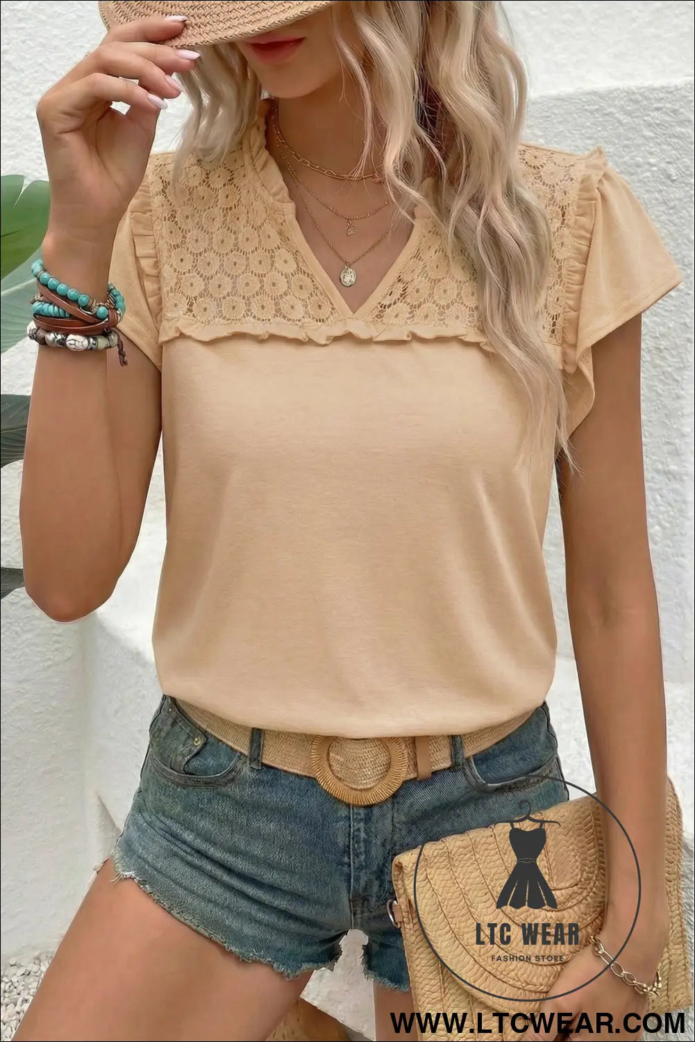 Black sheer lace splicing split neck ruffle short sleeve blouse - oatmeal / 2xl / 65% polyester + 30% viscose + 5%