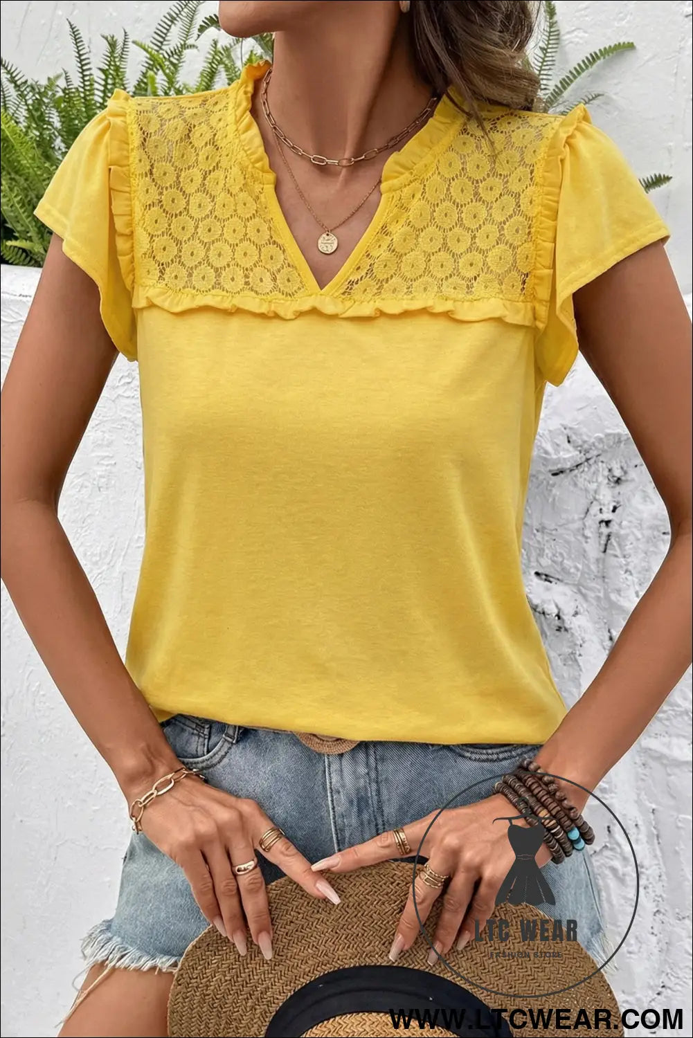 Black sheer lace splicing split neck ruffle short sleeve blouse - blouses & shirts
