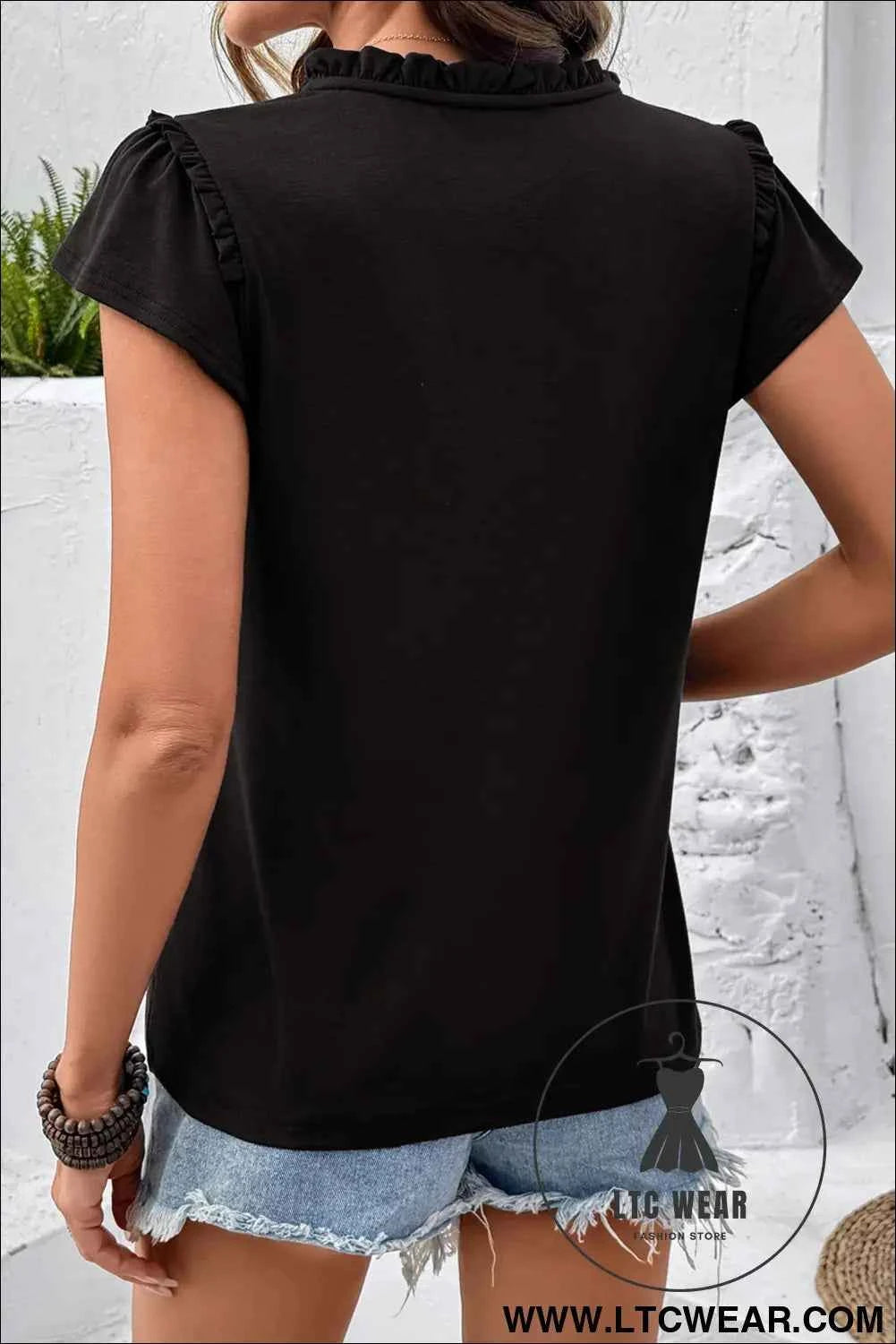 Black Sheer Lace Splicing Split Neck Ruffle Short Sleeve Blouse