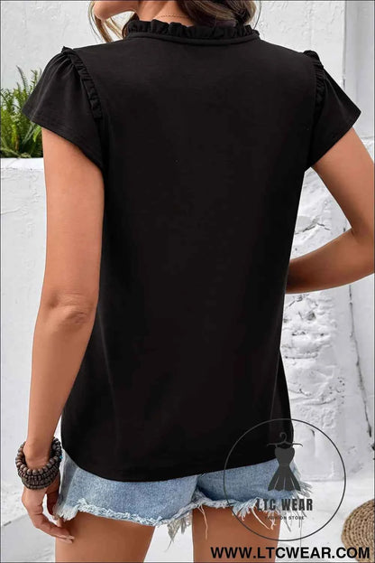 Black Sheer Lace Splicing Split Neck Ruffle Short Sleeve Blouse