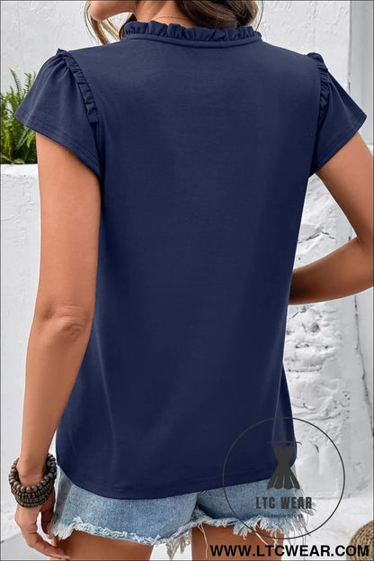 Black sheer lace splicing split neck ruffle short sleeve blouse - blouses & shirts