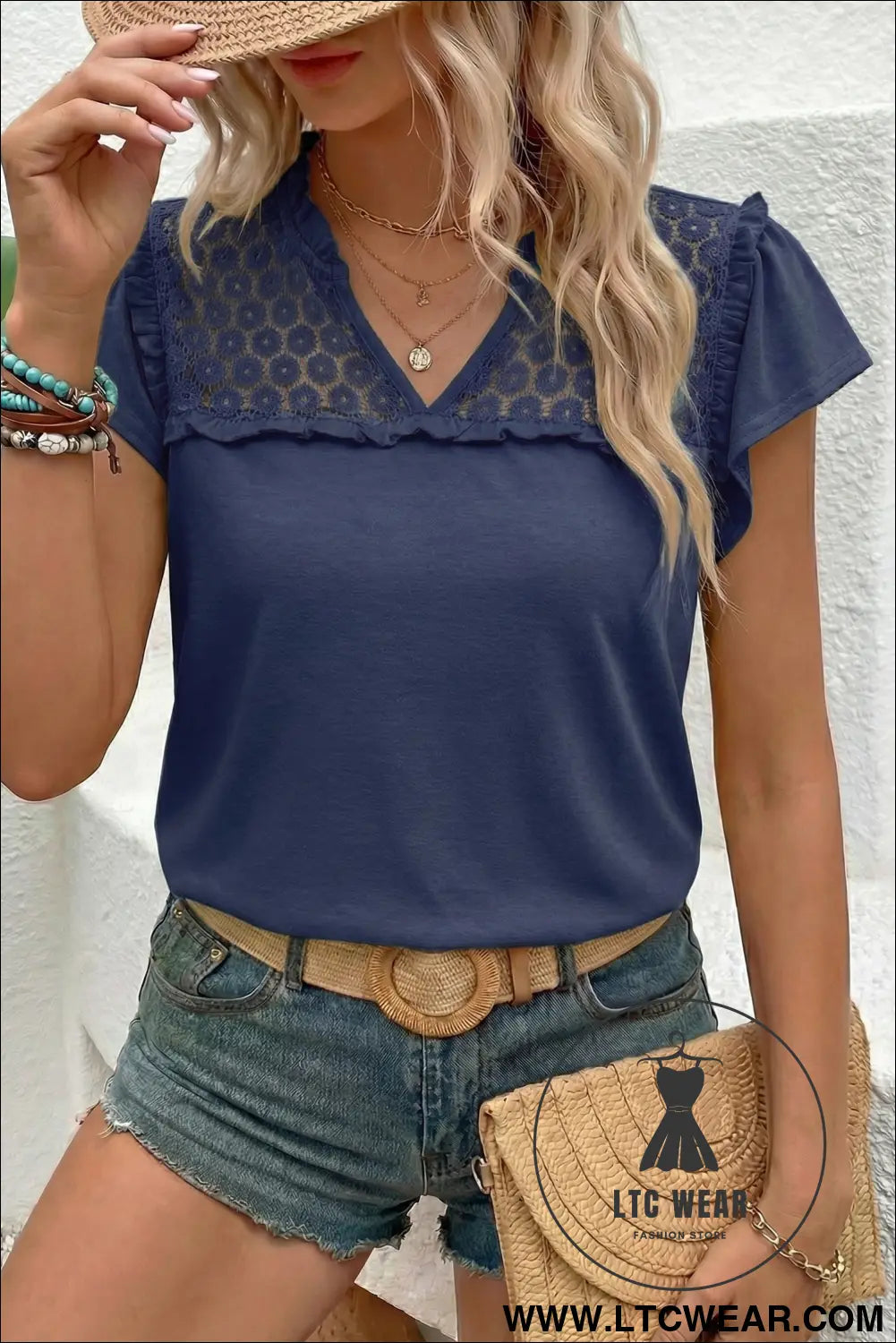 Black sheer lace splicing split neck ruffle short sleeve blouse - dirty blue / 2xl / 65% polyester + 30% viscose + 5%