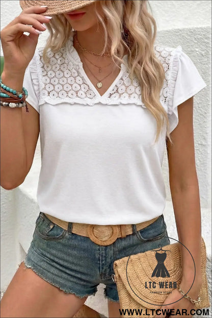 Black sheer lace splicing split neck ruffle short sleeve blouse - white / 2xl / 65% polyester + 30% viscose + 5%