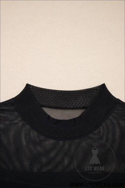 Black sheer mesh patchwork cap sleeve t shirt - 20%