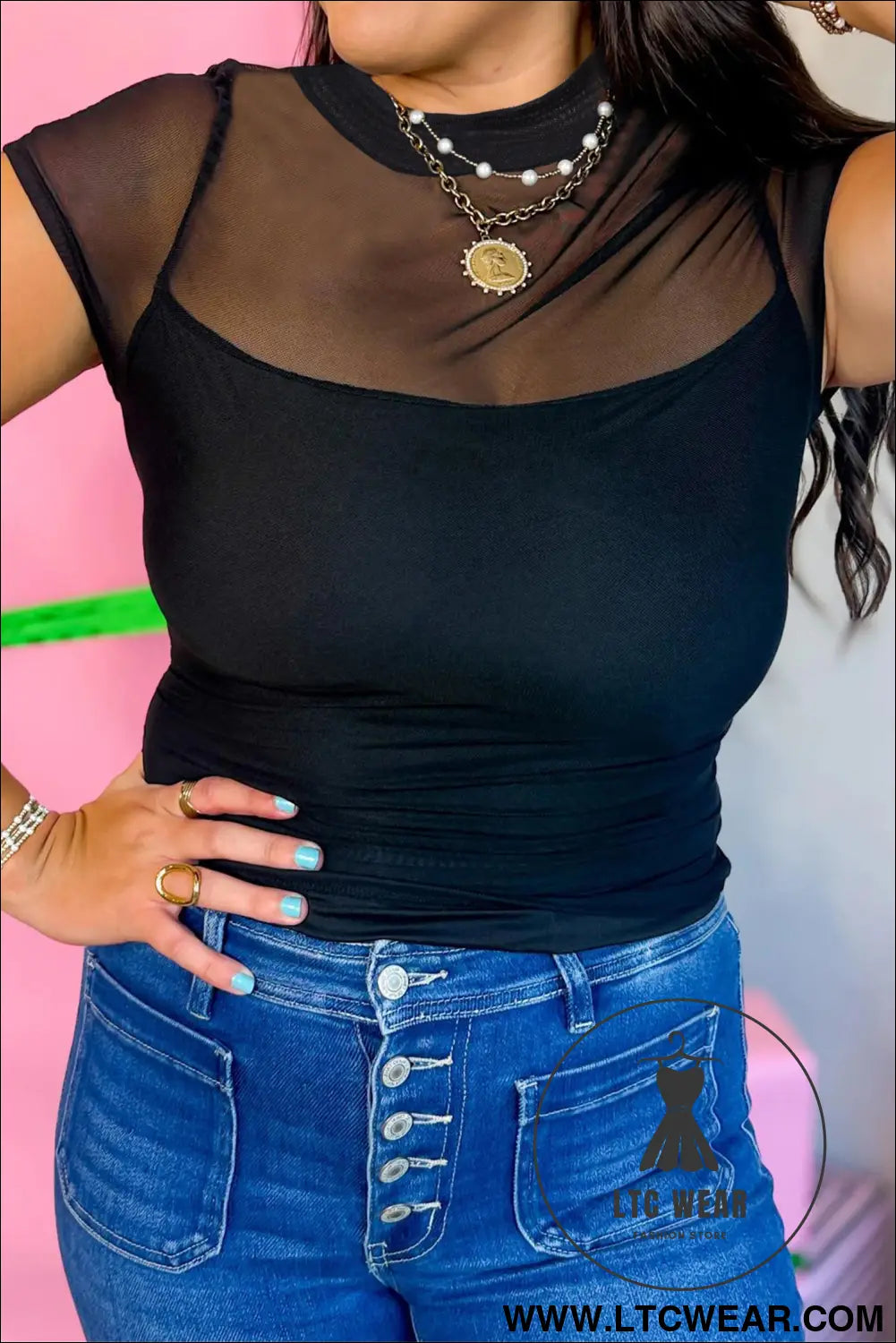 Black sheer mesh patchwork cap sleeve t shirt - 20%