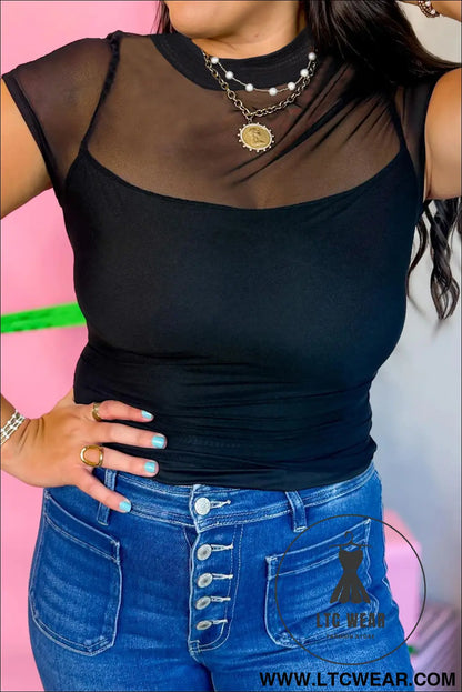 Black sheer mesh patchwork cap sleeve t shirt - 20%