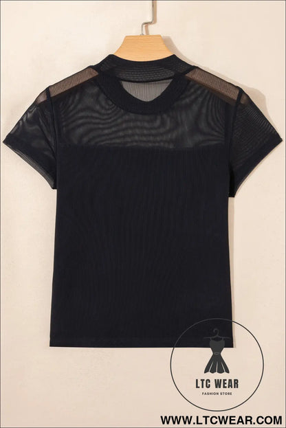Black sheer mesh patchwork cap sleeve t shirt - 20%