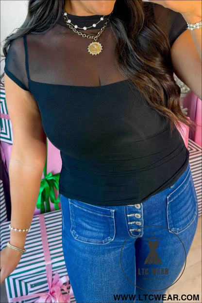 Black Sheer Mesh Patchwork Cap Sleeve T Shirt