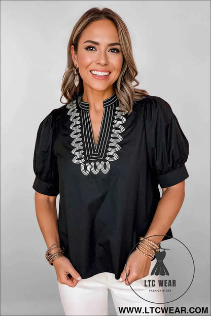 Black Short Puff Sleeve Contrast Embroidered Detail V Neck Blouse