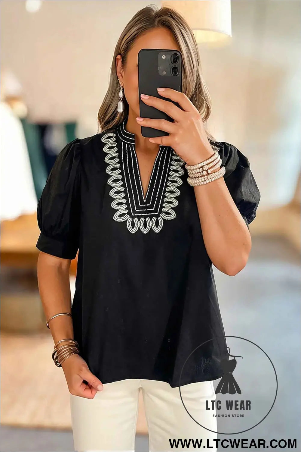 Black Short Puff Sleeve Contrast Embroidered Detail V Neck Blouse