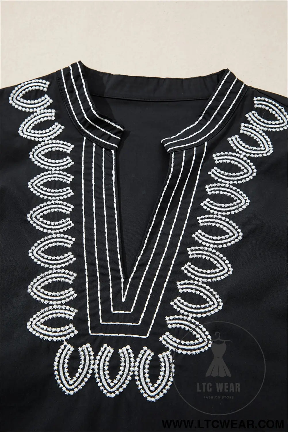 Black Short Puff Sleeve Contrast Embroidered Detail V Neck Blouse - L.T.C Wear Online Fashion Store