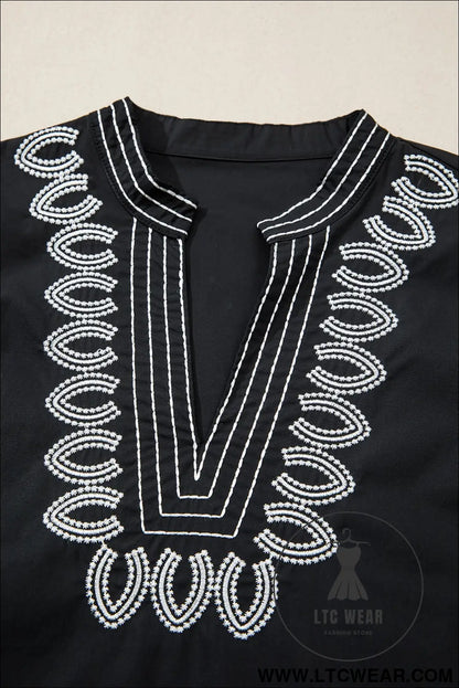 Black Short Puff Sleeve Contrast Embroidered Detail V Neck Blouse - L.T.C Wear Online Fashion Store
