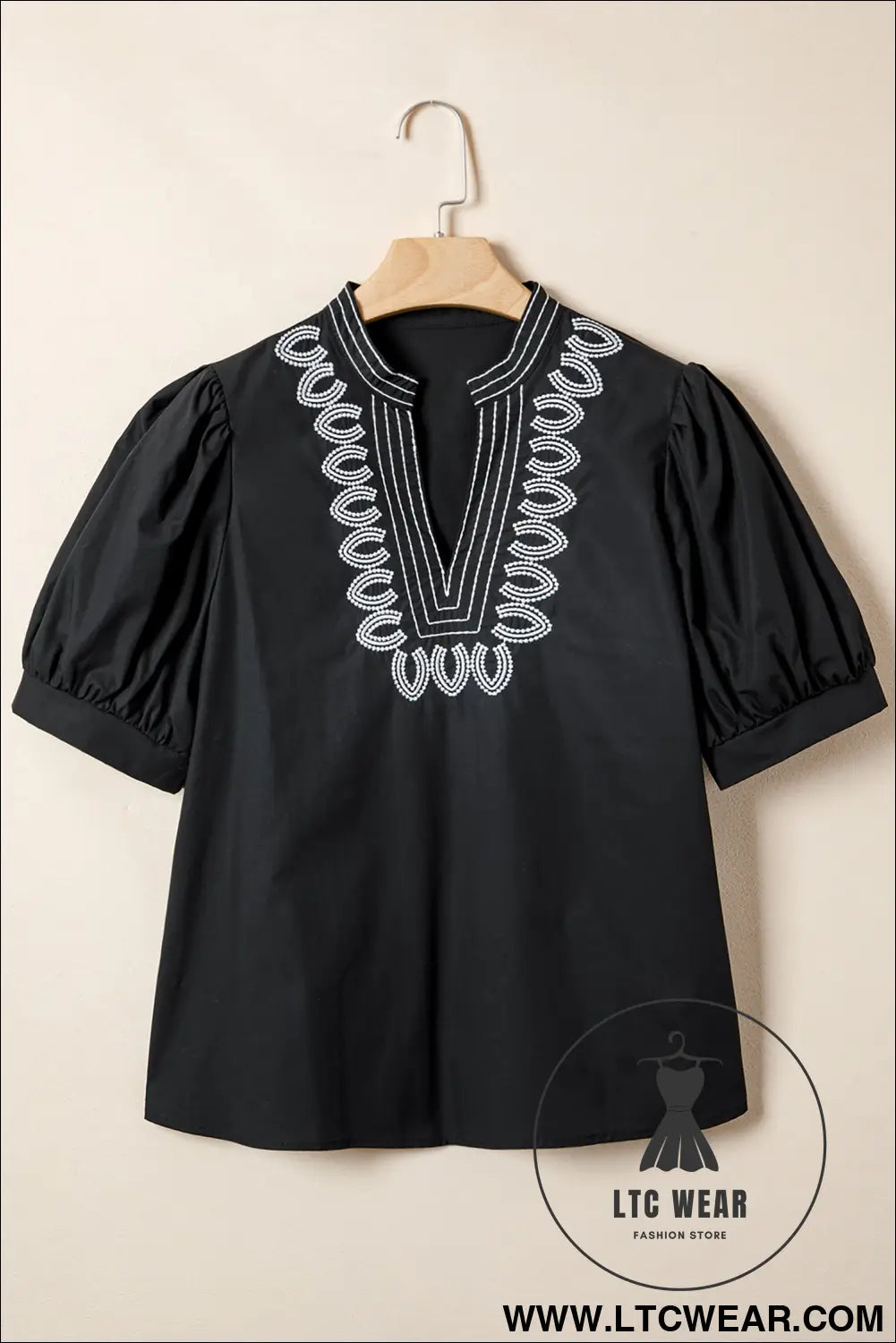 Black Short Puff Sleeve Contrast Embroidered Detail V Neck Blouse - L.T.C Wear Online Fashion Store