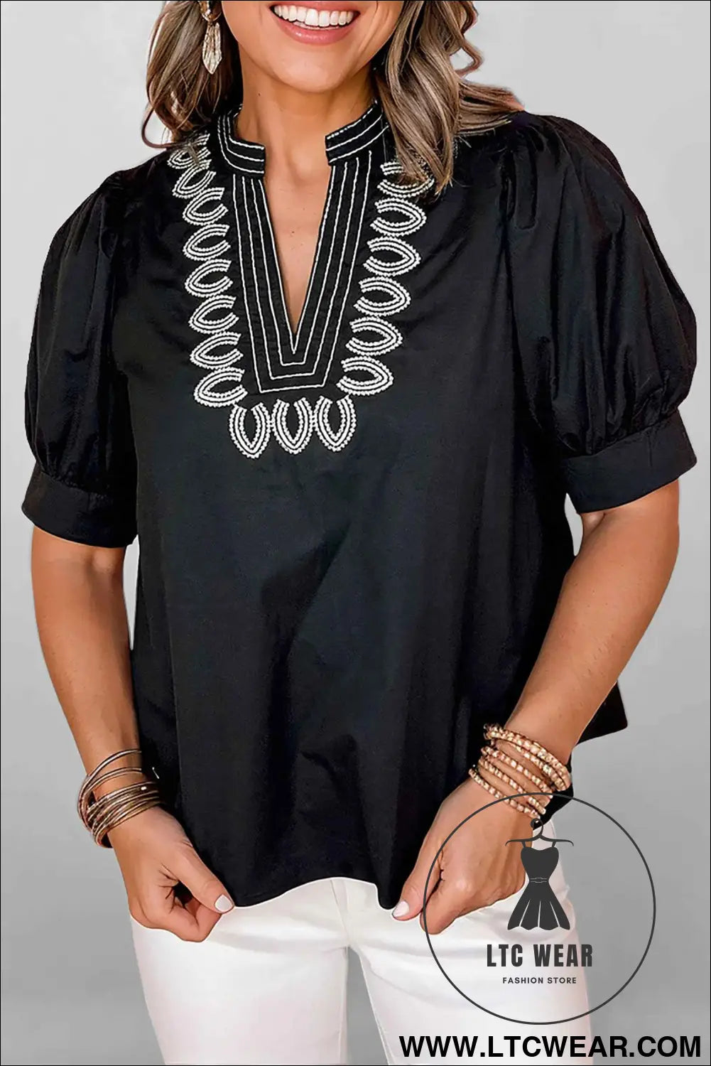 Black Short Puff Sleeve Contrast Embroidered Detail V Neck Blouse