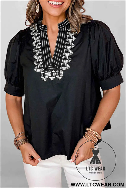 Black Short Puff Sleeve Contrast Embroidered Detail V Neck Blouse