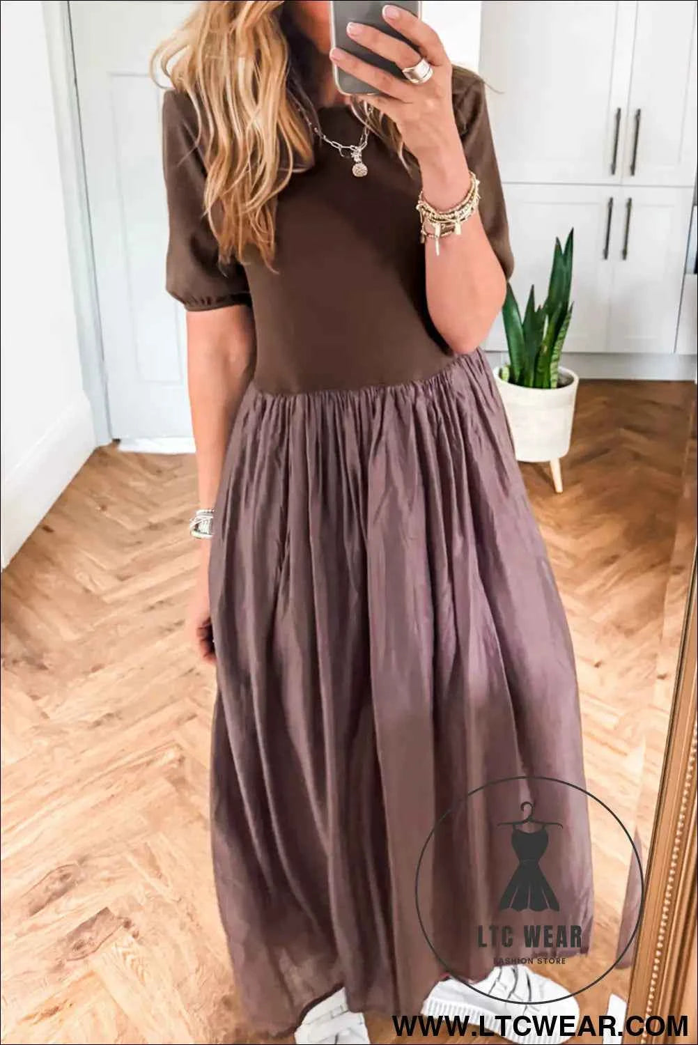 Black Short Sleeve Knit Top Patchwork Pleated Long Dress