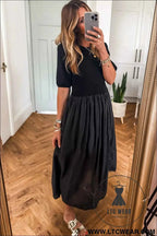 Black Short Sleeve Knit Top Patchwork Pleated Long Dress