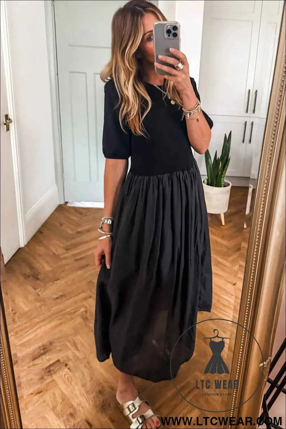 Black Short Sleeve Knit Top Patchwork Pleated Long Dress