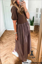 Black Short Sleeve Knit Top Patchwork Pleated Long Dress