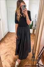 Black Short Sleeve Knit Top Patchwork Pleated Long Dress