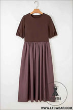 Black Short Sleeve Knit Top Patchwork Pleated Long Dress