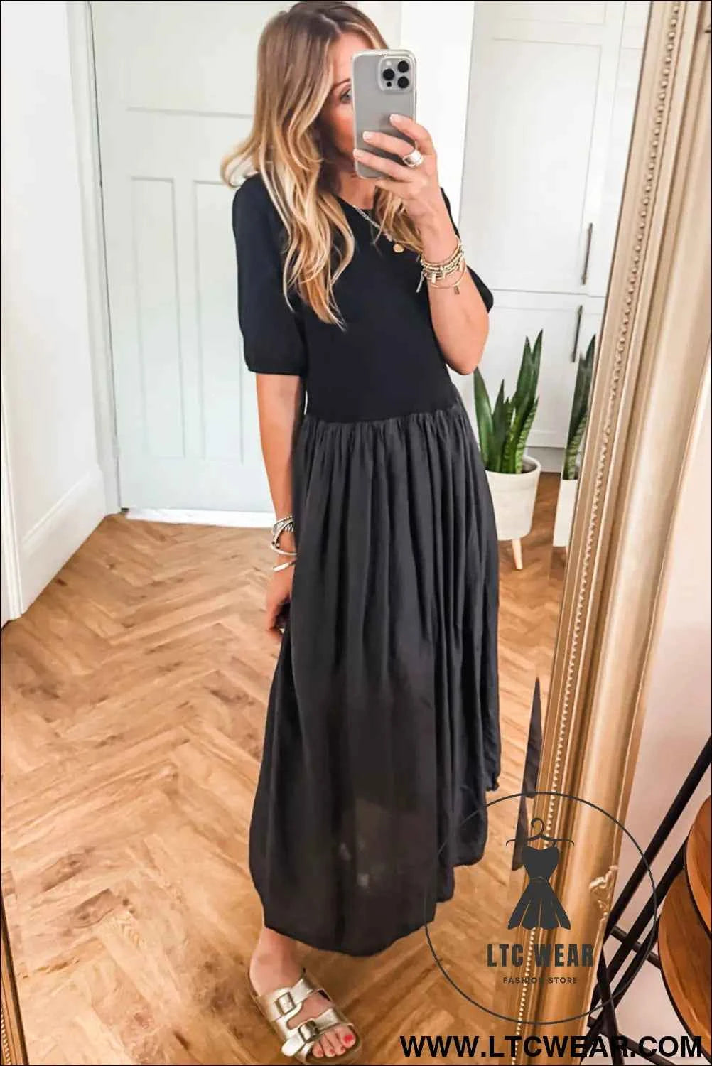 Black Short Sleeve Knit Top Patchwork Pleated Long Dress