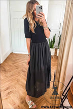Black Short Sleeve Knit Top Patchwork Pleated Long Dress
