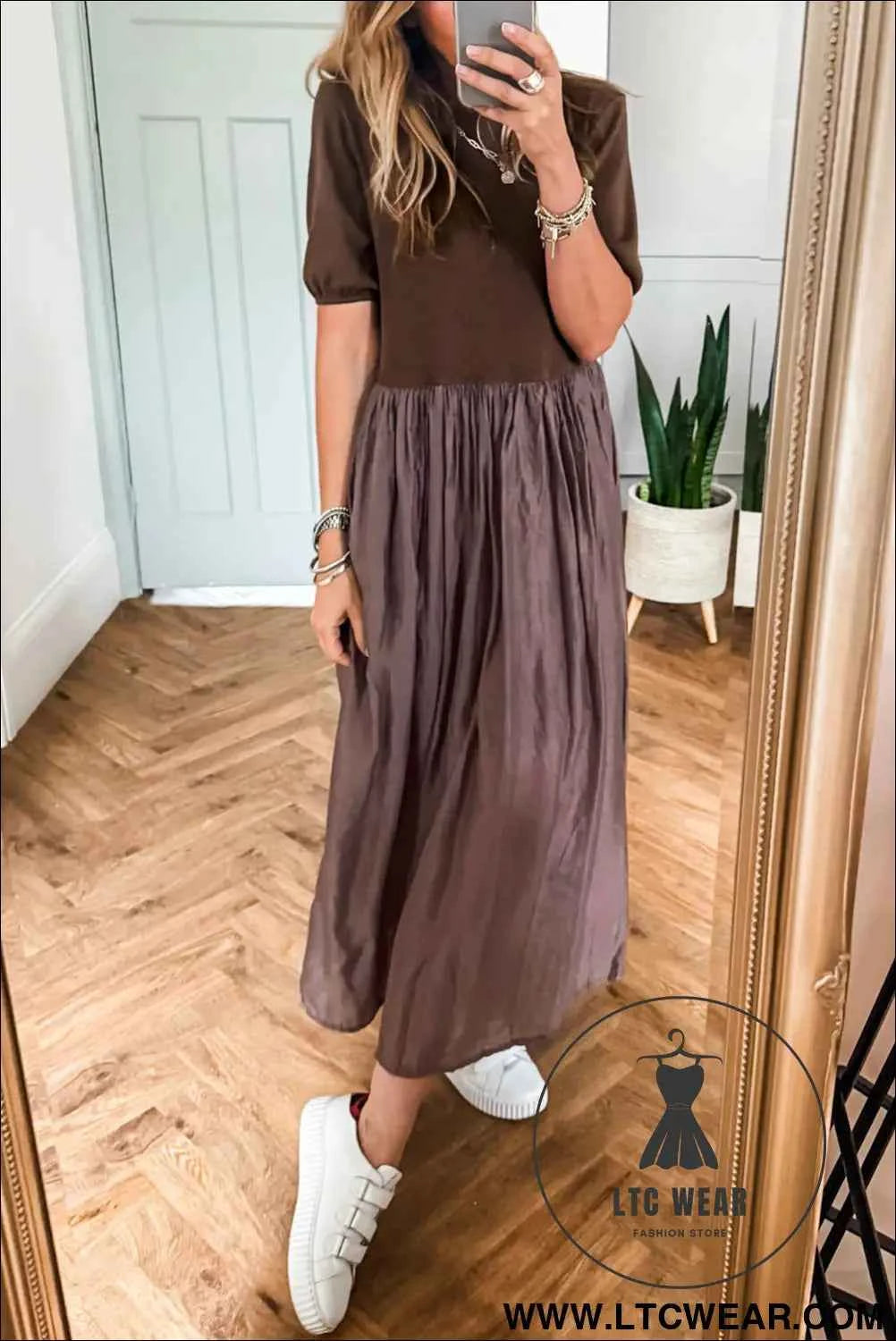 Black Short Sleeve Knit Top Patchwork Pleated Long Dress