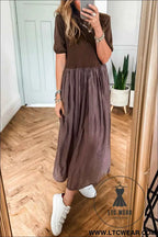 Black Short Sleeve Knit Top Patchwork Pleated Long Dress