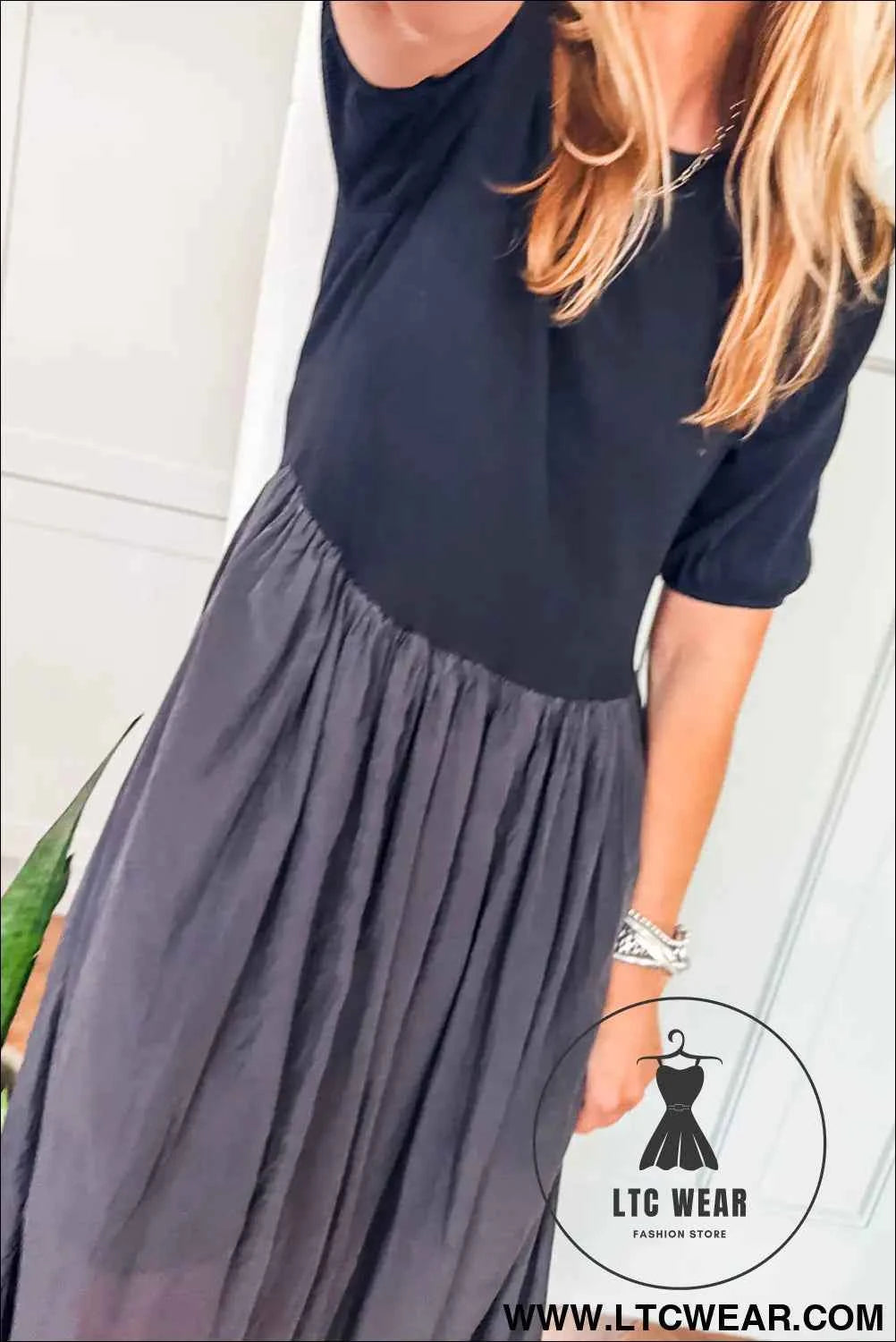 Black Short Sleeve Knit Top Patchwork Pleated Long Dress