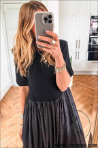 Black Short Sleeve Knit Top Patchwork Pleated Long Dress