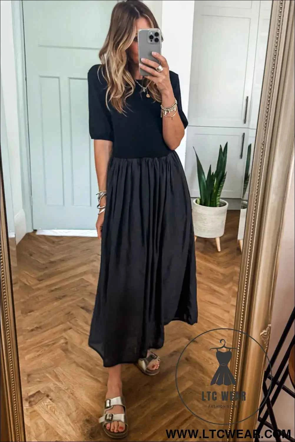 Black Short Sleeve Knit Top Patchwork Pleated Long Dress