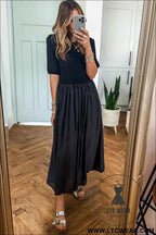 Black Short Sleeve Knit Top Patchwork Pleated Long Dress