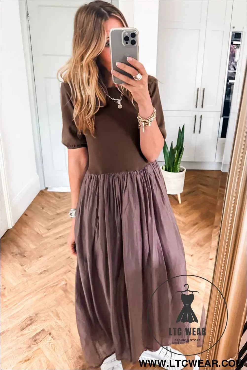 Black Short Sleeve Knit Top Patchwork Pleated Long Dress