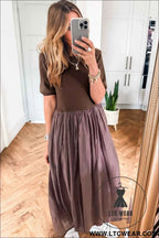Black Short Sleeve Knit Top Patchwork Pleated Long Dress